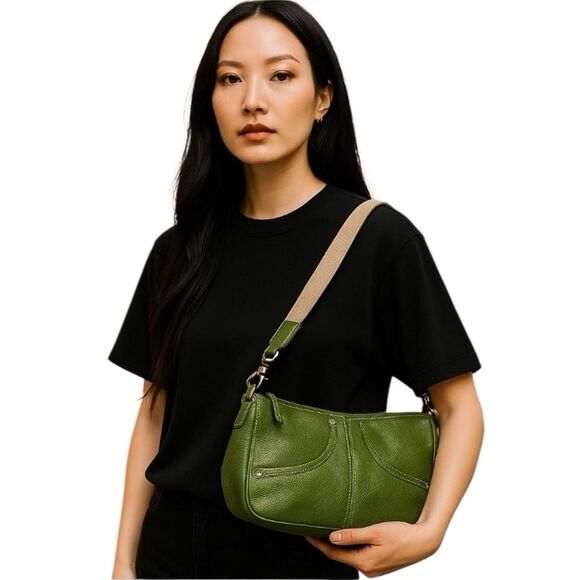 Tignanello Y2K Pebble Leather Bag Removable Canvas Shoulder Strap Kelly Green - Picture 2 of 12